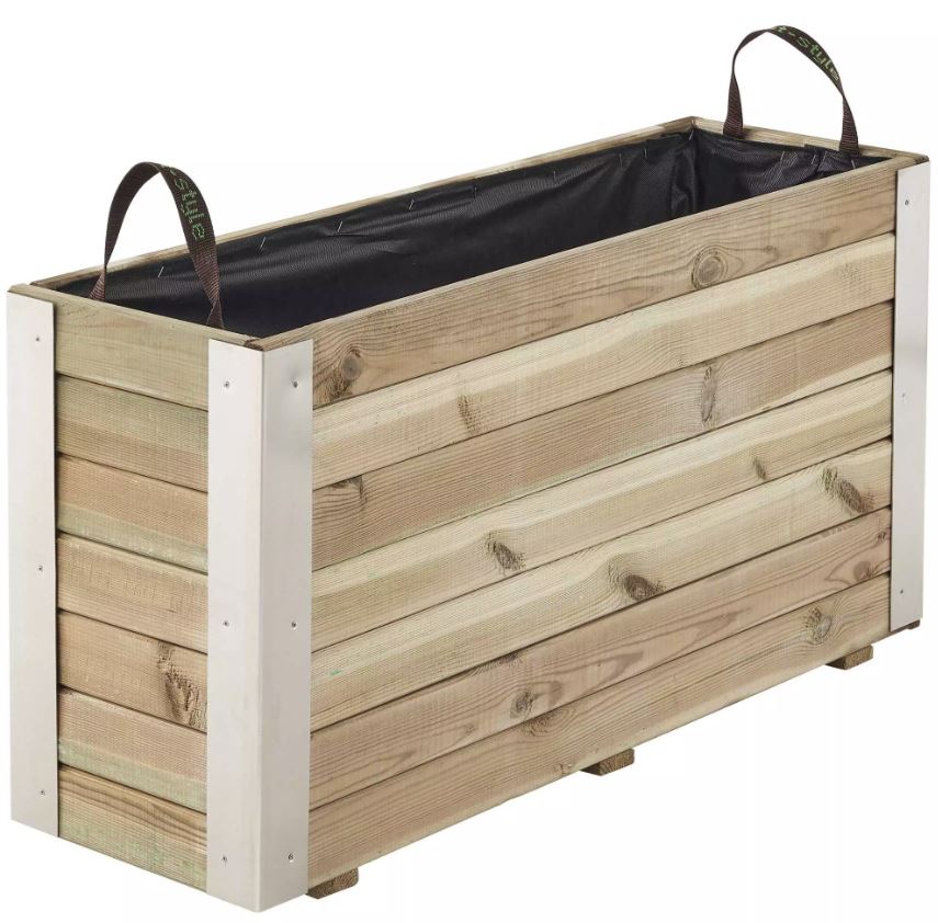 Wooden planter box with black liner and handles on a white background