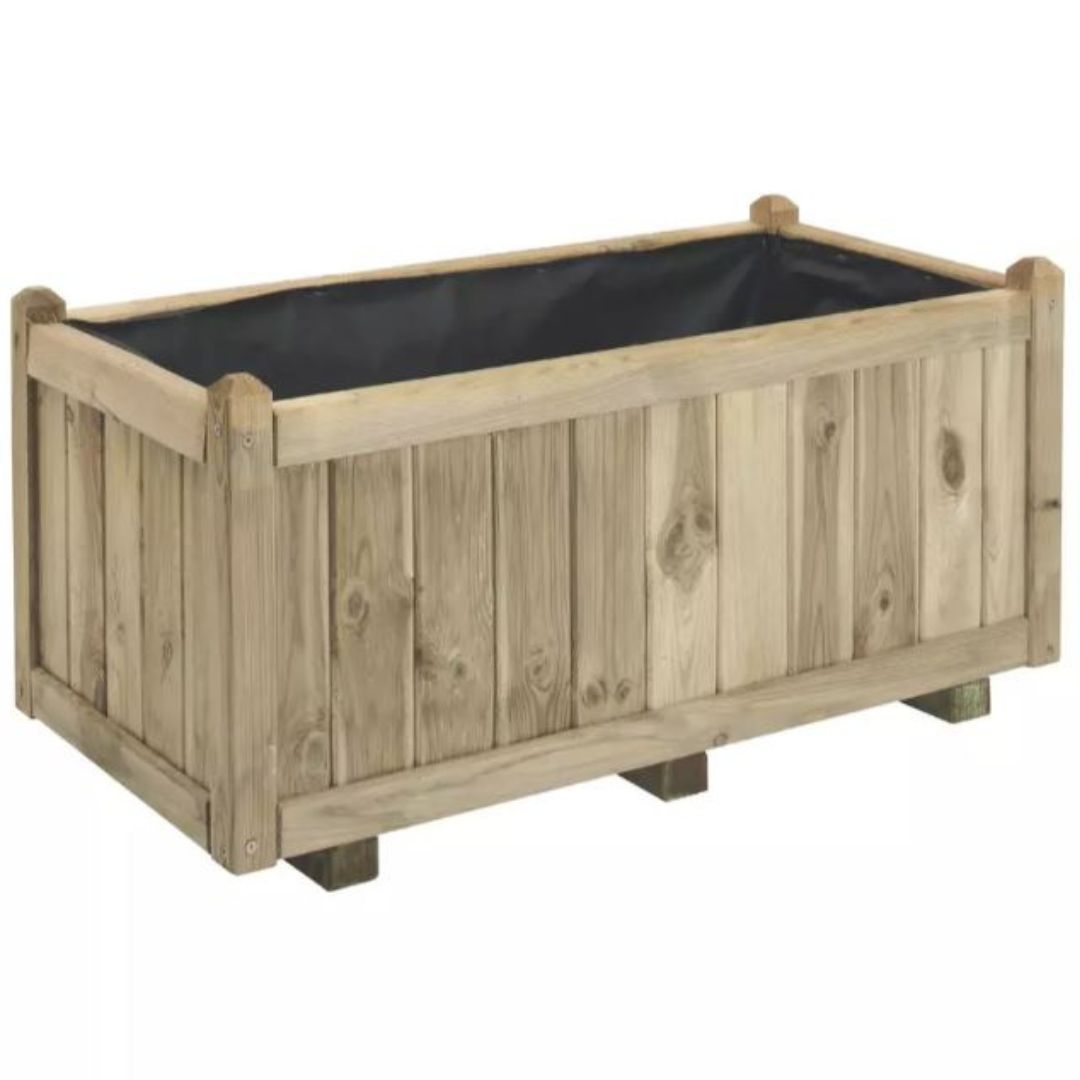 Wooden planter box with a black liner on a white background
