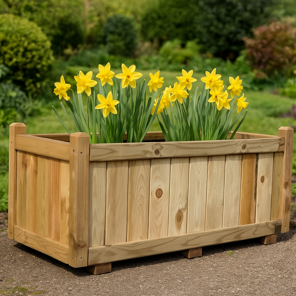 Wooden planter box with yellow flowers