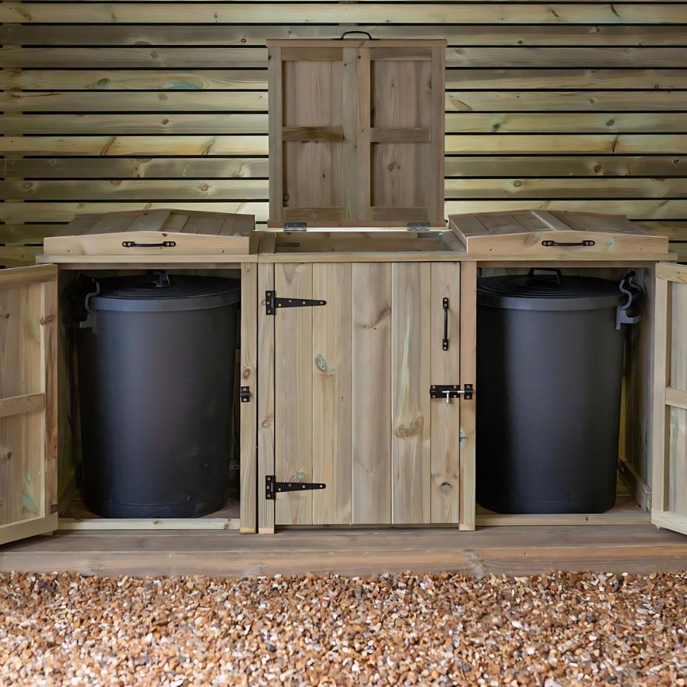 triple bin storage with 2 doors either end open and middle unit lid open for easy access