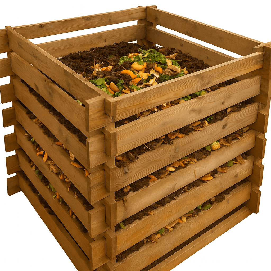 Wooden compost bin filled with organic waste on a white background