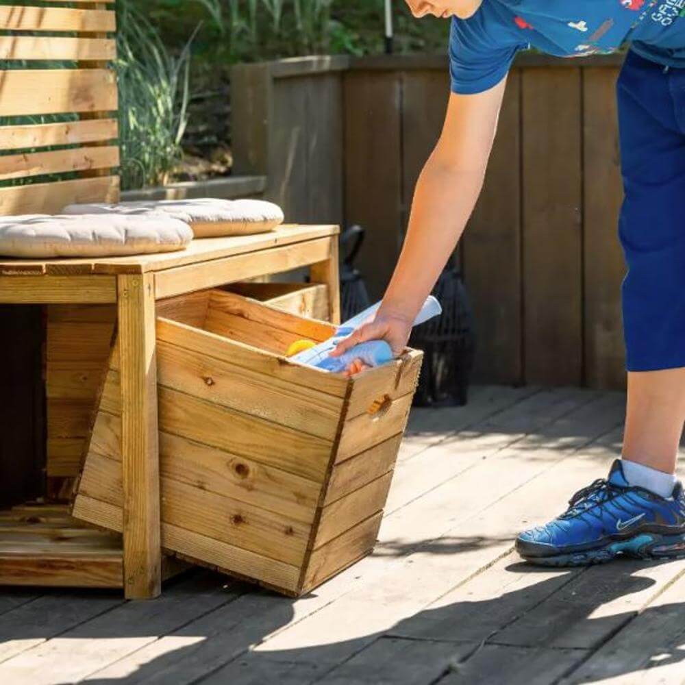 Wooden bench with storage drawers