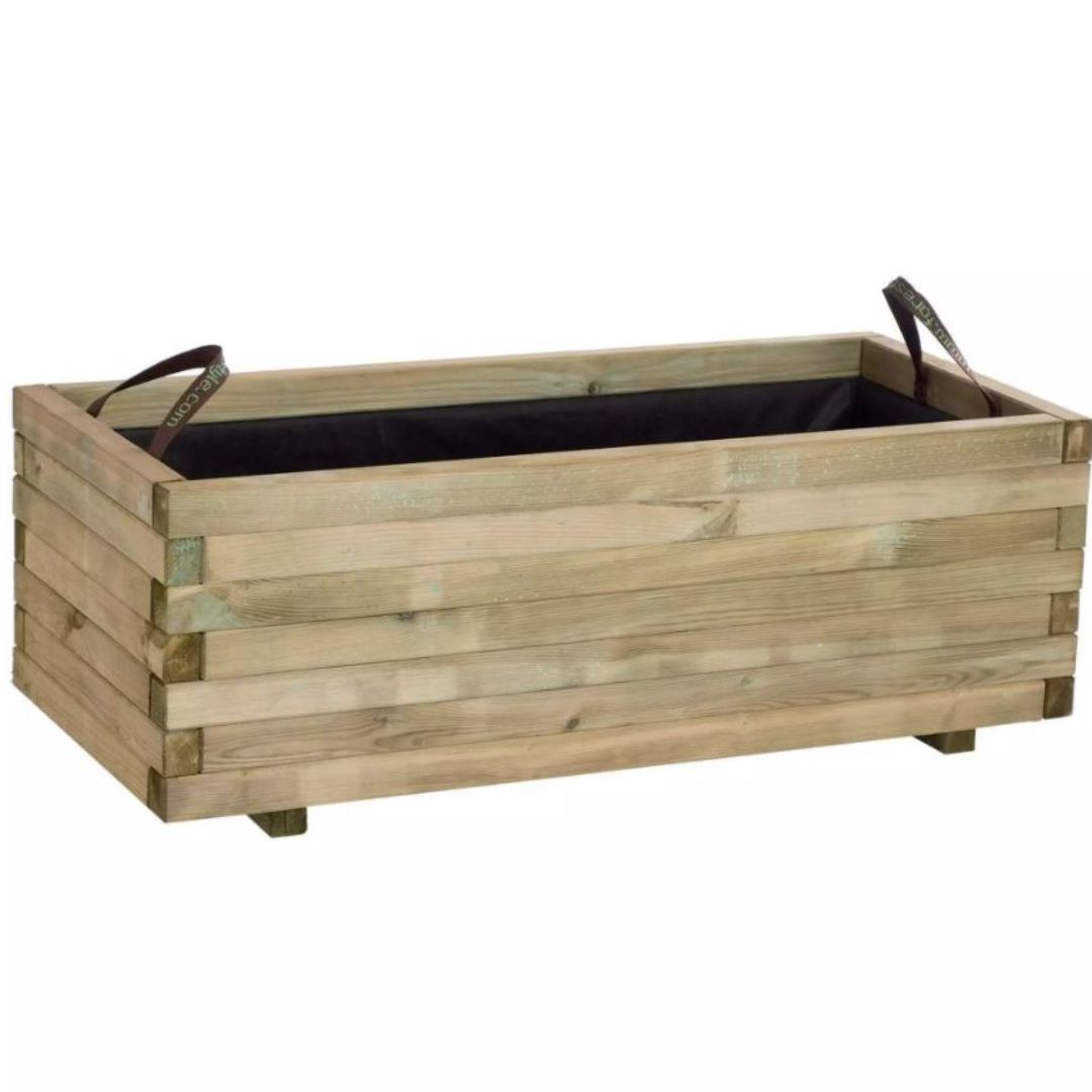 Wooden planter box with handles on a white background