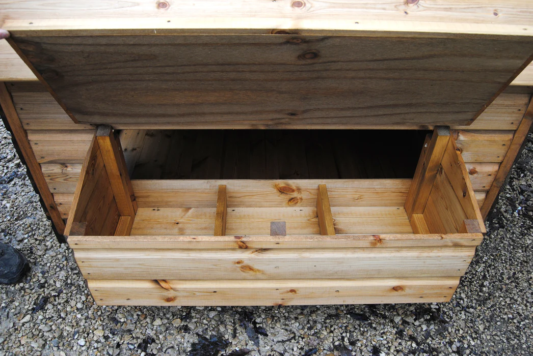 Chicken walk in coop showing egg collection area
