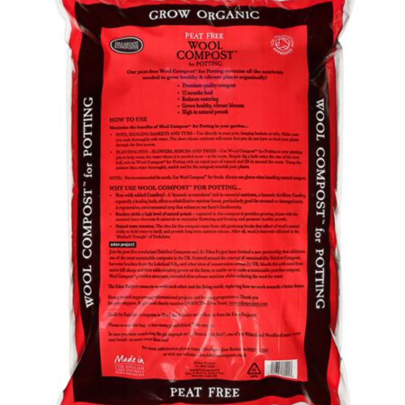 back of wool compost showing details of the product and how to use