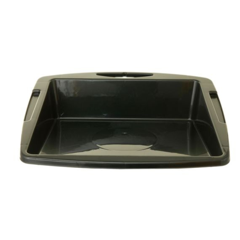 A black plastic potting tray with handles and raised sides.