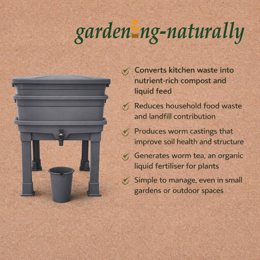 Gardening compost bin with features listed on a brown background