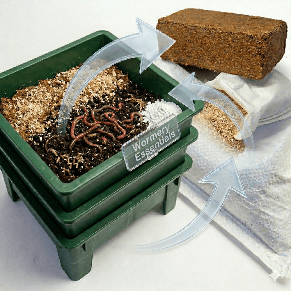 Wormery Essentials kit with coir, worms, and a compost block on a white background