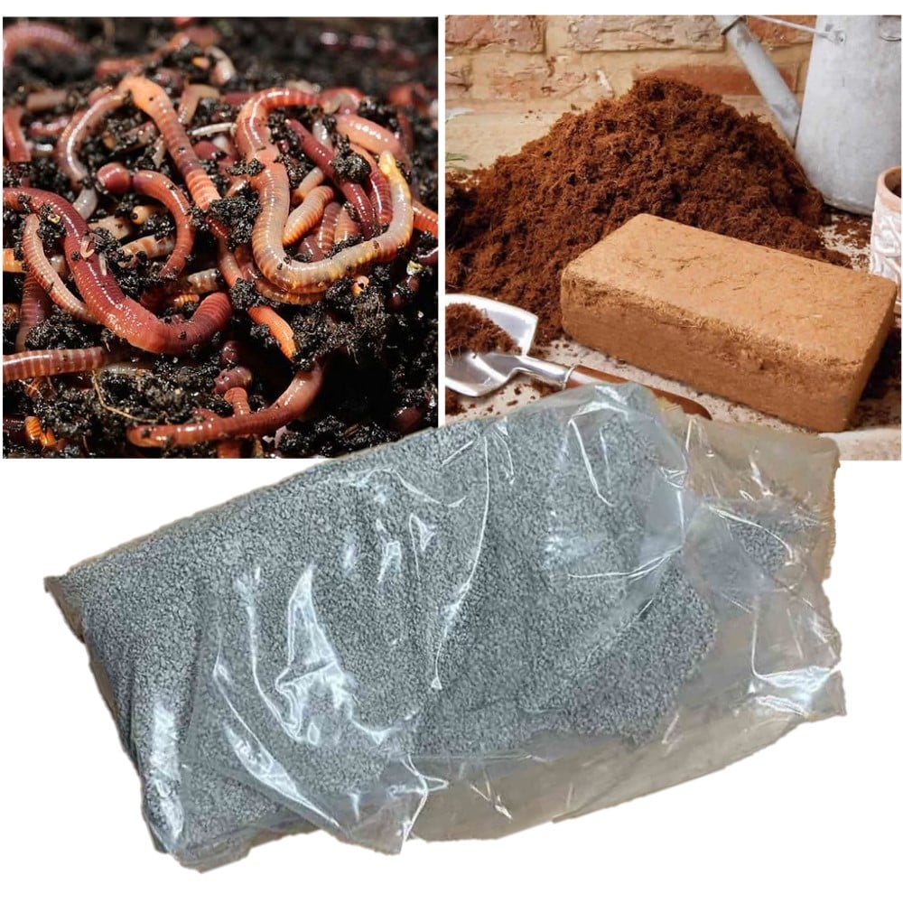 The image shows a collection of items included in the Wormery Starter Kit. It features a close-up of tiger worms in soil, a coir block, and a sealed bag of lime mix.