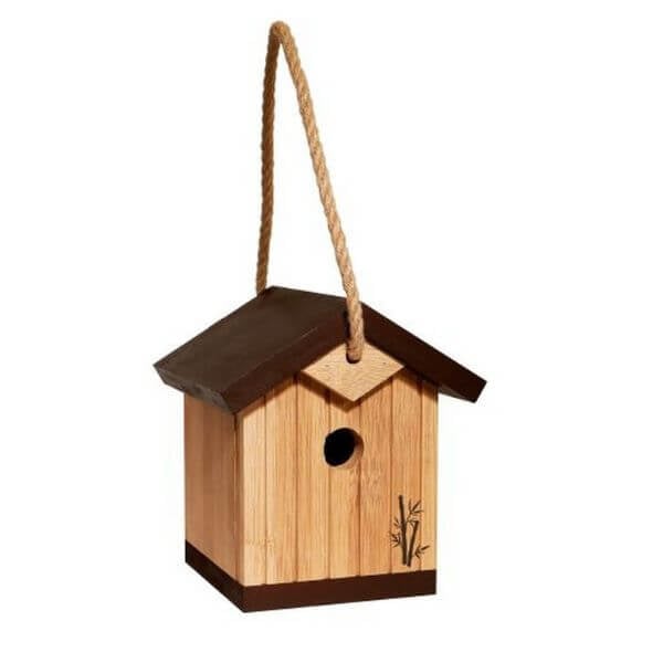 A rustic bamboo wren bird house with a circular entrance, a sloped roof, and a jute rope for hanging.