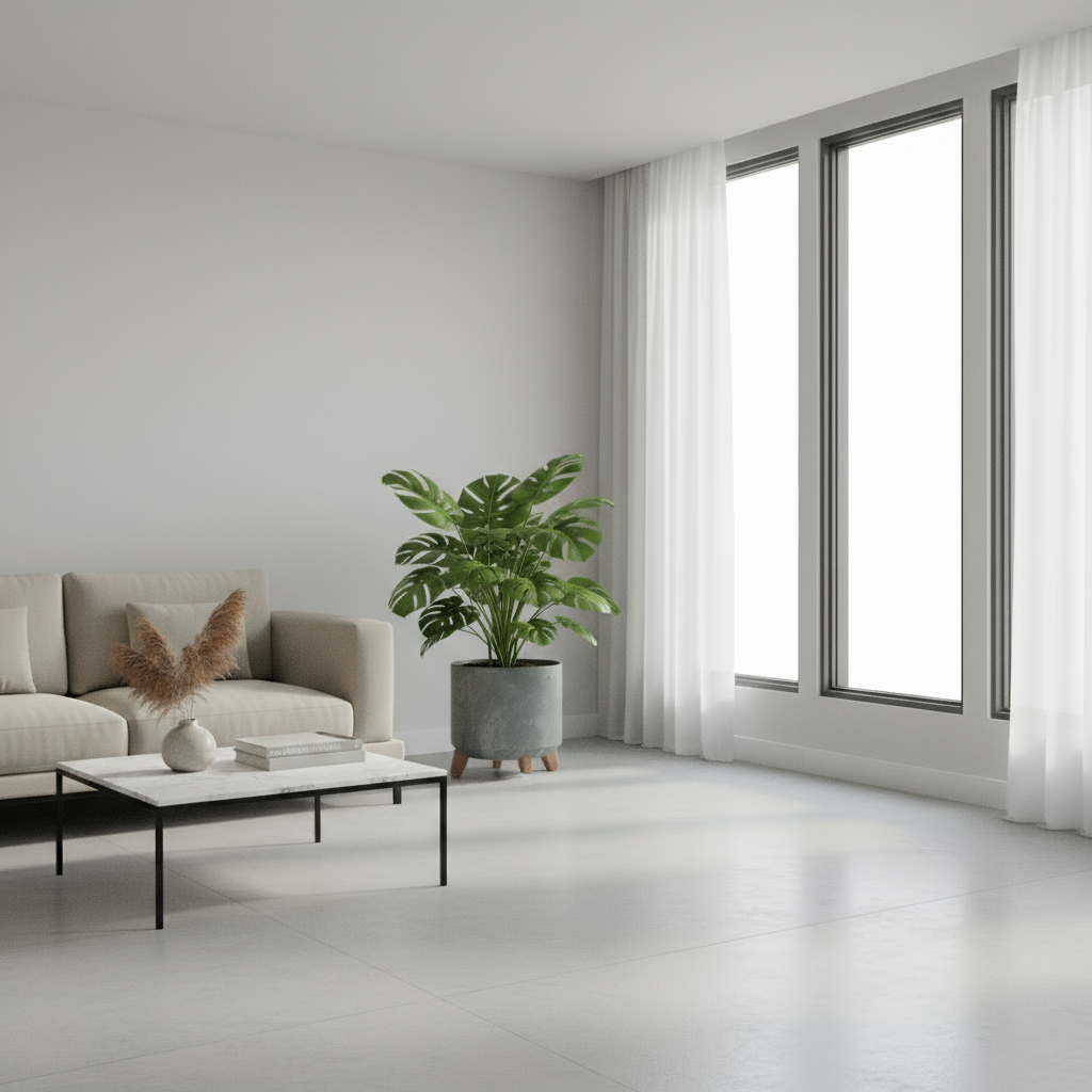 Modern living room with a beige sofa, coffee table, and plant in grey flower pot
