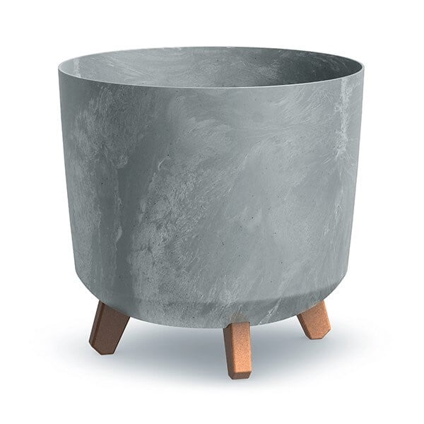 A grey concrete effect plant pot with wooden looking legs.