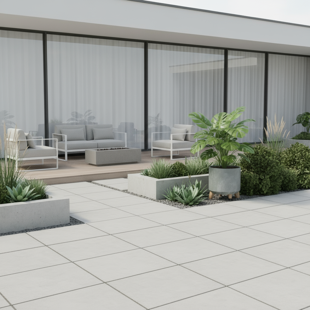 Modern outdoor patio with white tiles, plants, and outdoor furniture.