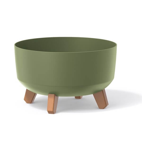 Low plant pots with legs in green, displayed against a neutral background.