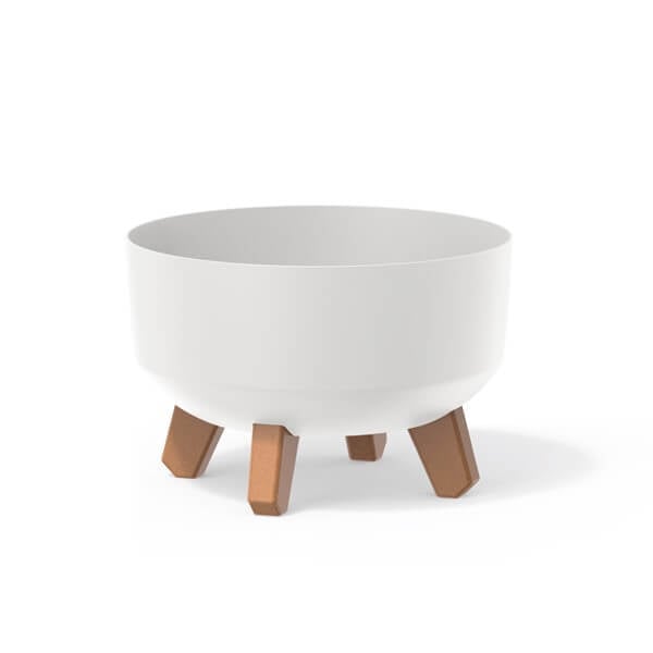 Low white plant pot with wooden effect legs on white background