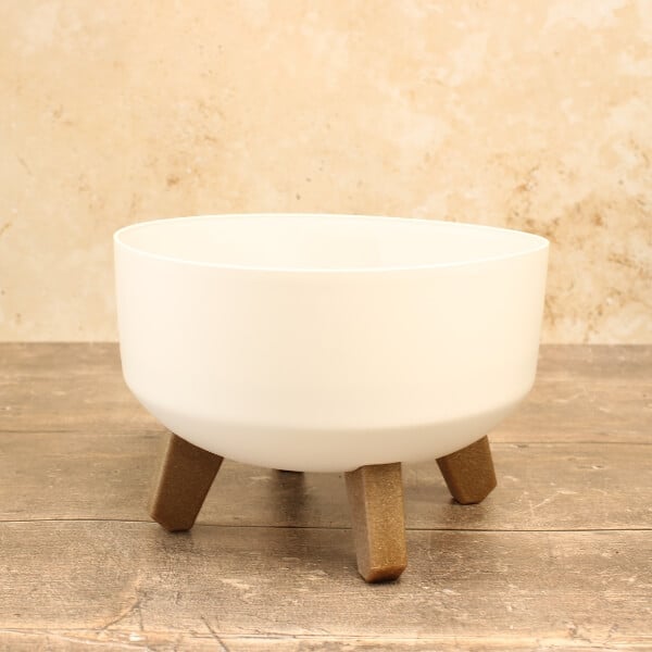 Small white Low Plant pot with wood effect legs