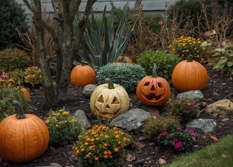 Halloween pumpkins in a garden