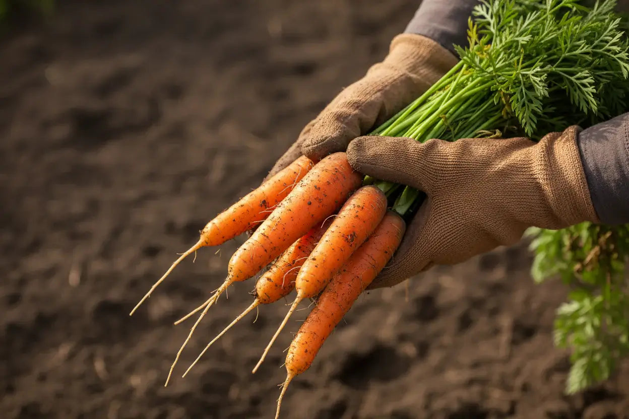 A gardener harvesting carrots that have been grown in the garden