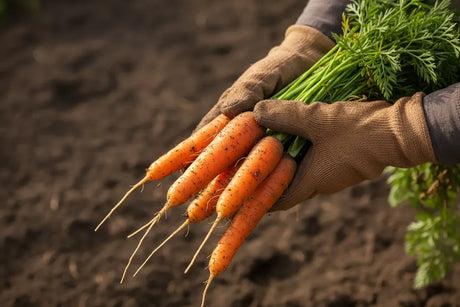 A gardener harvesting carrots that have been grown in the garden