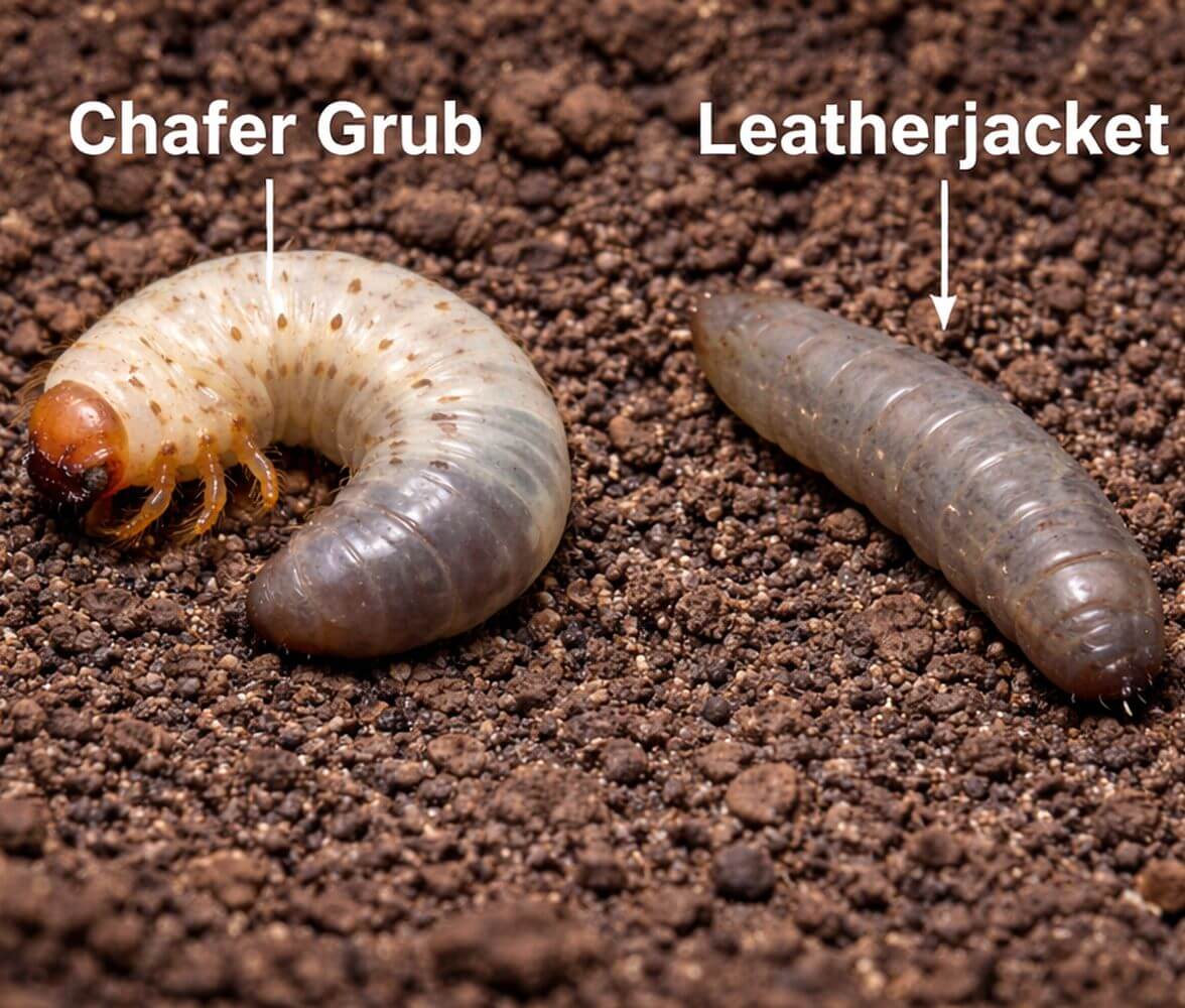 Chafer grub and leatherjacket together on soil tell the difference