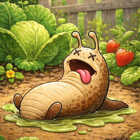 Cartoon Slug with it's tongue out by strawberry plant