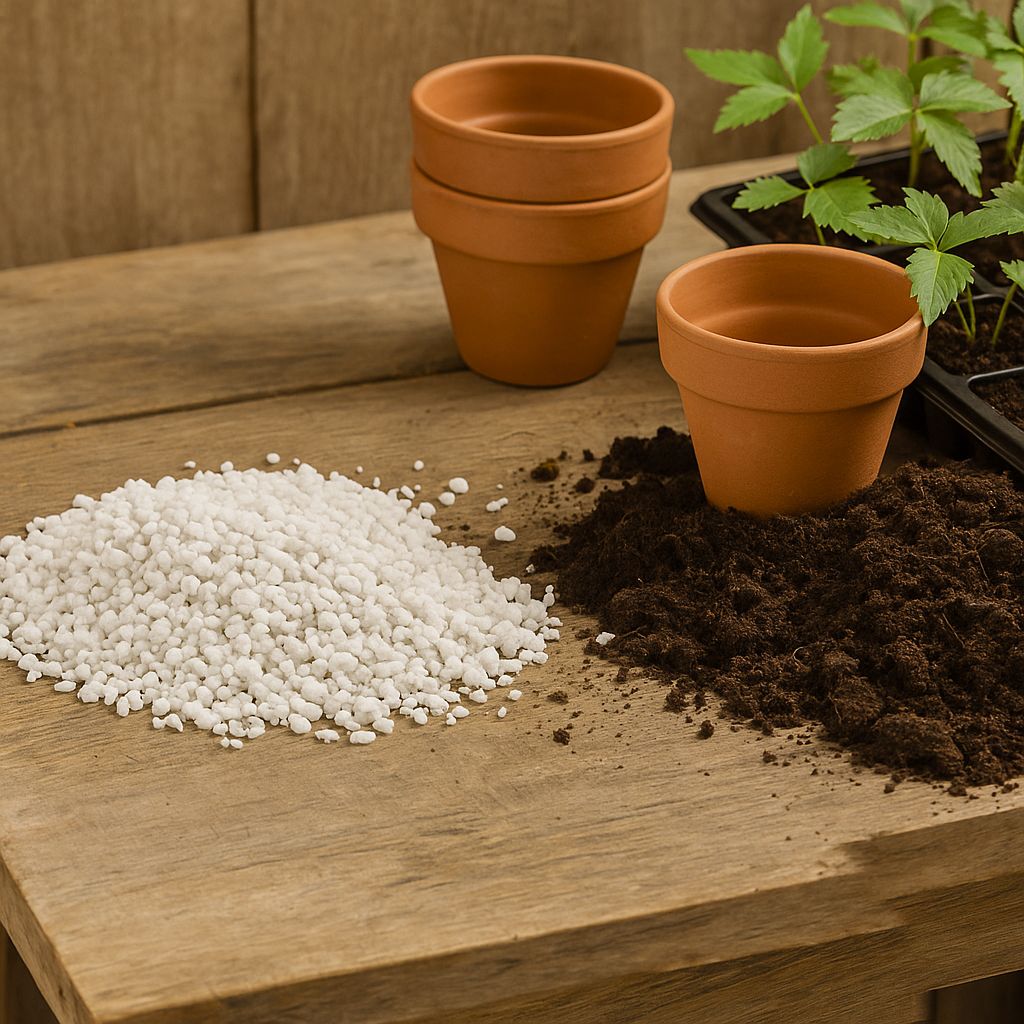 Perlite and compost ready to mix with small pots