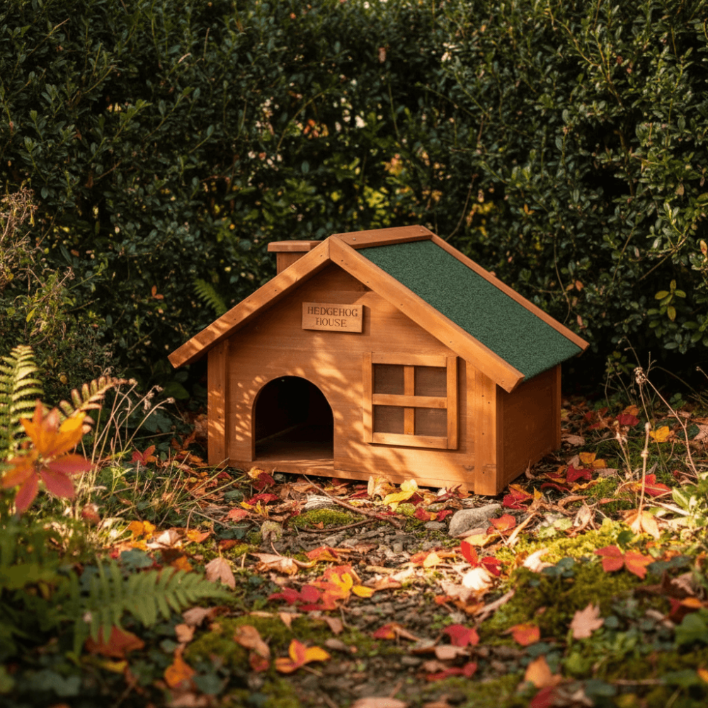 Premium wooden hedgehog house on grass with leaves