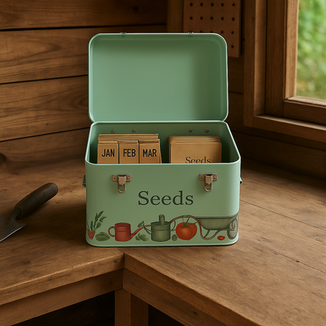 Green Seed tin with seeds in