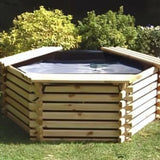 A geometric patio pond made from pressure-treated timber with a visible water feature, situated on a grassy area with plants around it. The text '50 Gallon Pool' is visible on the image.