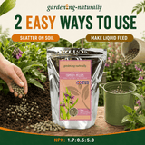 Gardening naturally product packaging comfrey pellets on how to use.
