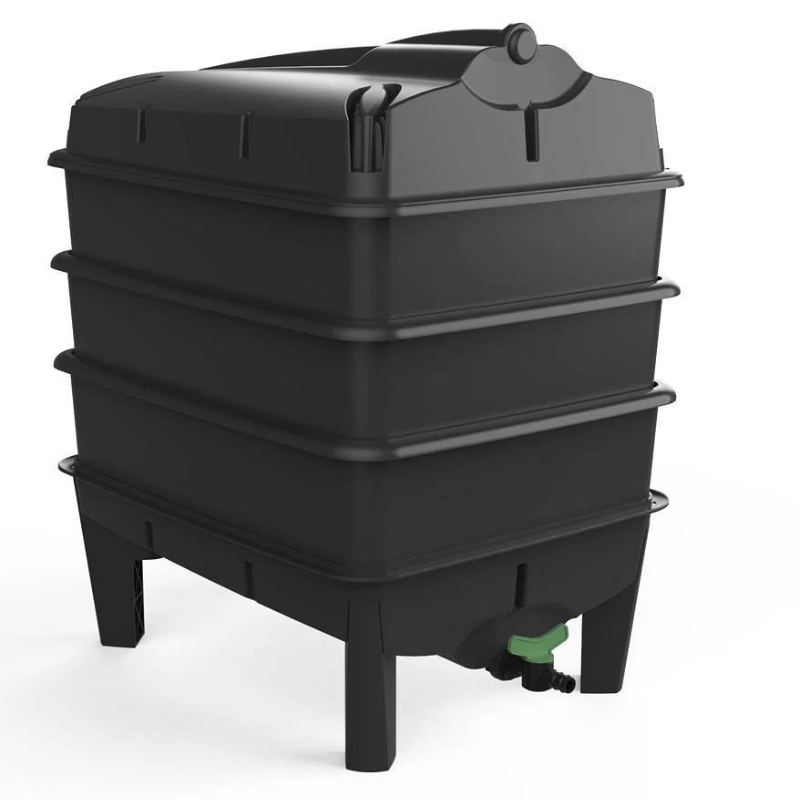 A black 3-Tray Tiger Wormery with a black tap and lid, designed for composting kitchen waste into organic vermicompost and liquid plant feed.