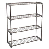 Wire mesh shelving with 4 shelves on plain background