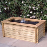 Outdoor rectangular patio pond in a garden