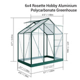 6x4 greenhouse in green with glass panels and measurments on white background