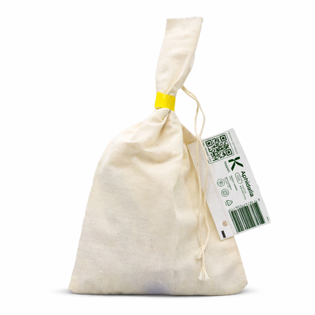 Beige drawstring bag with a white label featuring a QR code on a white background