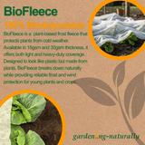 Advertisement for BioFleece biodegradable frost fleece with text and images of plants covered by it.