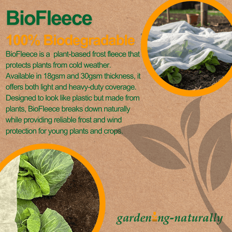 Advertisement for BioFleece biodegradable frost fleece with text and images of plants covered by it.