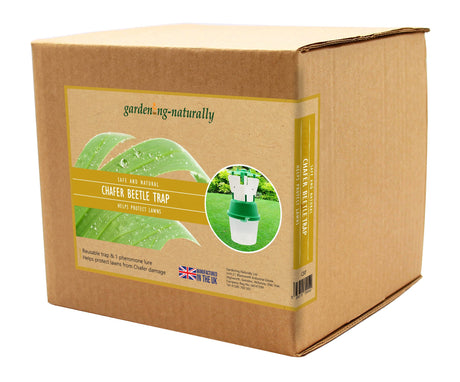 Cardboard box with 'gardening naturally' chafing beetle trap packaging on a white background