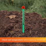Green soil thermometer inserted into soil with text about checking soil temperature.