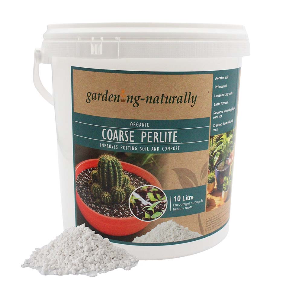 10 litre tub of coarse perlite soil improver with loose perlite shown.