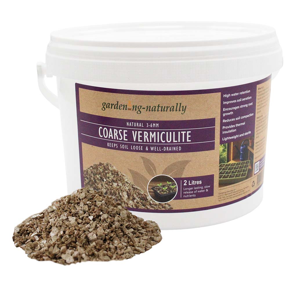 2 litre tub of coarse vermiculite with loose vermiculite shown.