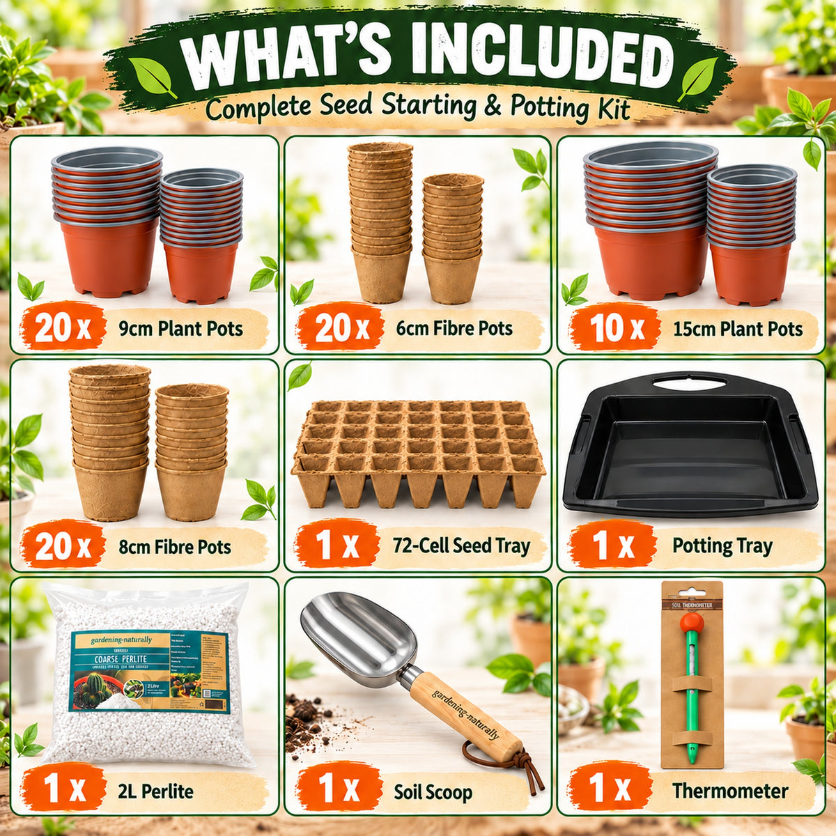 A product infographic for a 'What's Included' seed starting and potting kit, showing multiple items arranged in a grid with text labels and quantity counts on a light green leafy background. Items include terracotta and fibrous plant pots, a 72-cell seed tray, a potting tray, perlite, a soil scoop, and a thermometer.