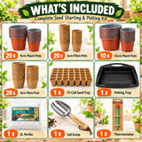 A product infographic for a 'What's Included' seed starting and potting kit, showing multiple items arranged in a grid with text labels and quantity counts on a light green leafy background. Items include terracotta and fibrous plant pots, a 72-cell seed tray, a potting tray, perlite, a soil scoop, and a thermometer.