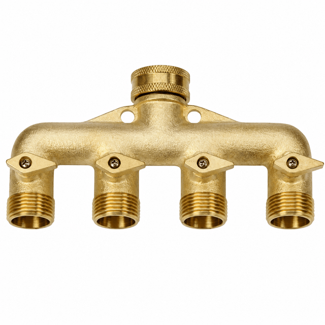 A gold-colored brass tap manifold with four outputs, designed to connect to a standard 3/4 BSP tap for splitting water output.