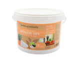 A white plastic bucket of garden-ng-naturally Diatomaceous Earth organic soil amendment, featuring a brown and orange label with product details and usage images.