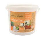 A white plastic bucket of garden-ng-naturally Diatonicous Earth organic potting mix, featuring an orange label with product details and potted plants.