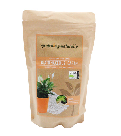 A 500g stand-up pouch of Garden.ng Naturally Diatomaceous Earth, featuring a kraft paper design with a central label showing a plant, white diatom powder, and an OF&G Organic badge.