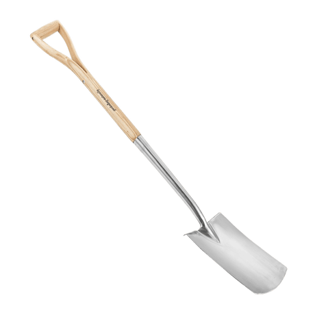 Metal digging spade with wooden handle on a white background