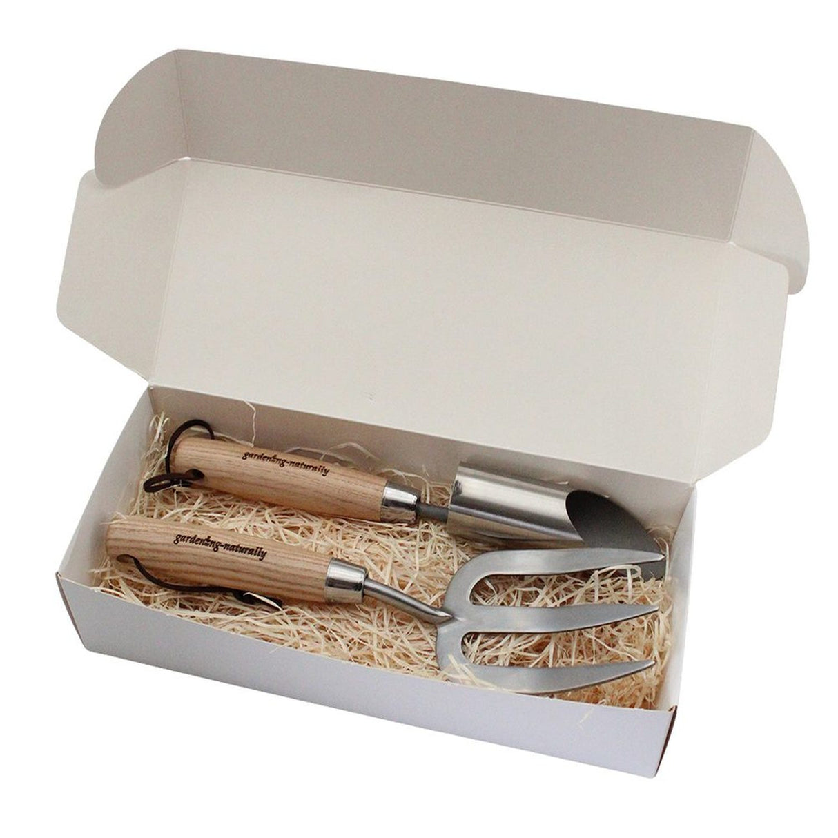 Stainless steel hand fork and bulb planter with ash wood handles