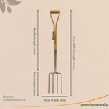 Garden fork with measurements on a beige background